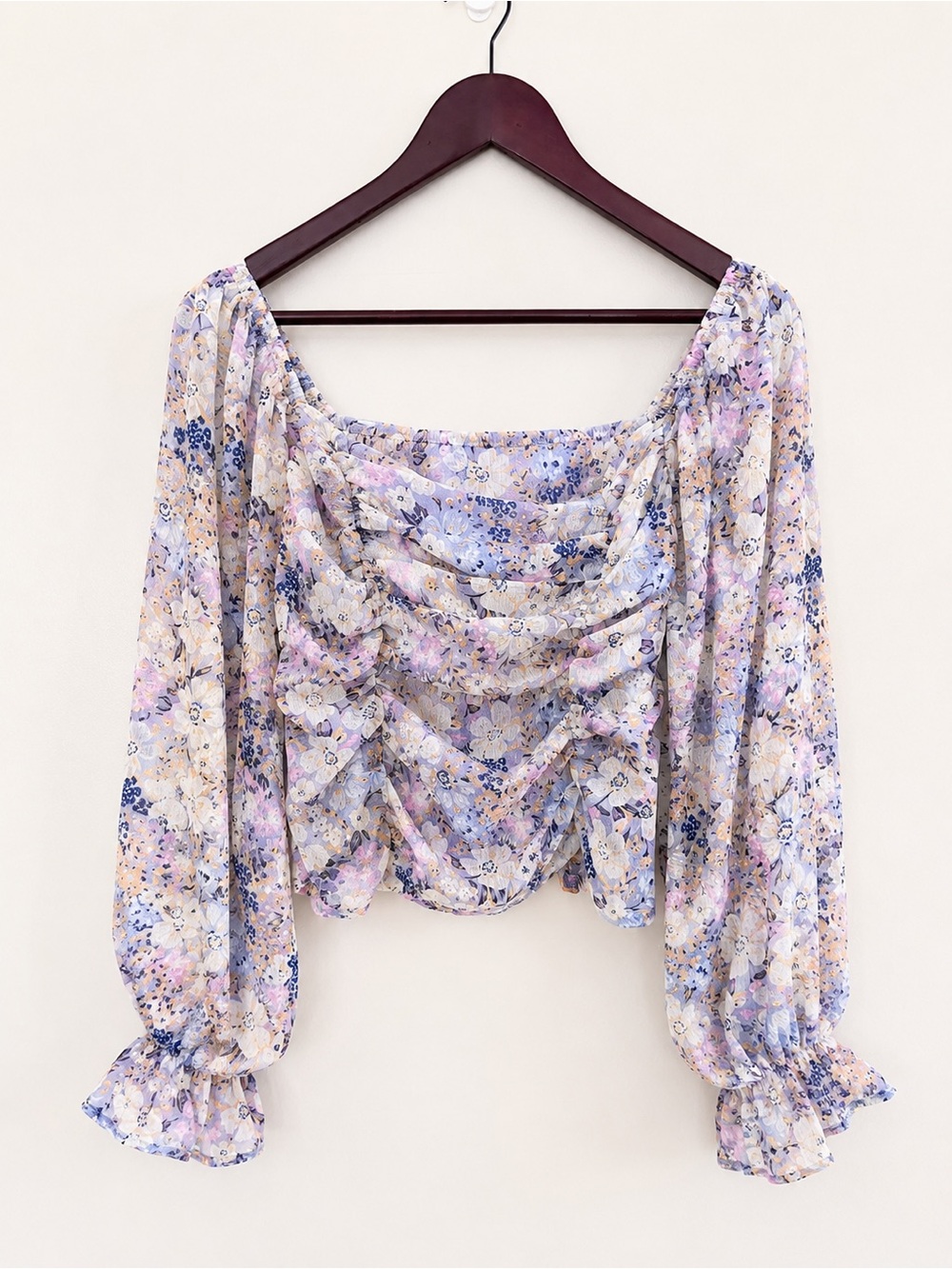Floral Ruched Crop Top Long Puff Sleeve Cottagecore Romantic Blouse Size S